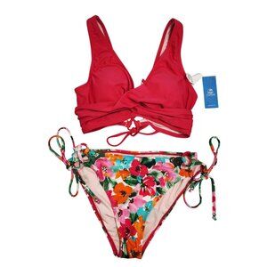 Two-Piece Red Wrap Bikini Top Floral Tie-Side Swimsuit Womens Cupshe Size M